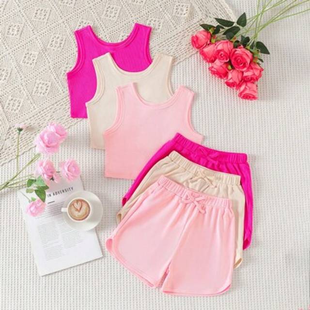 SHEIN 3pcs/Set Tween Girls Casual Summer Solid Color Round Neck Sleeveless Tank Top With Bowknot And Shorts Outfit Set
