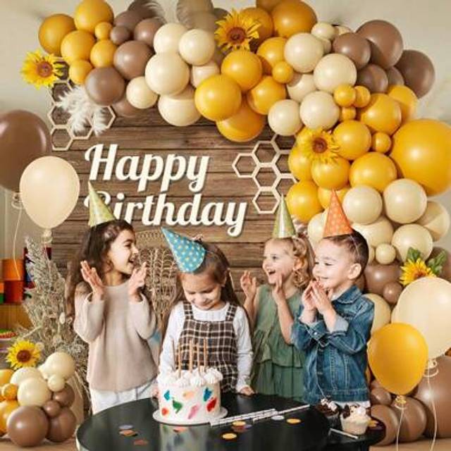 SHEIN 140pcs Bee Balloon Arch Garland Kit With Brown Mustard Yellow Sand White Balloons For Sunflower Bee Gender Reveal Birthday Decorations