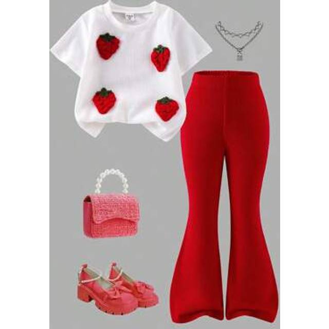 SHEIN Young Girl Cute Waffle Knit Strawberry Decor Top And Flared Pants 2 Pieces Outfit, Suitable For Spring & Autumn Traveling