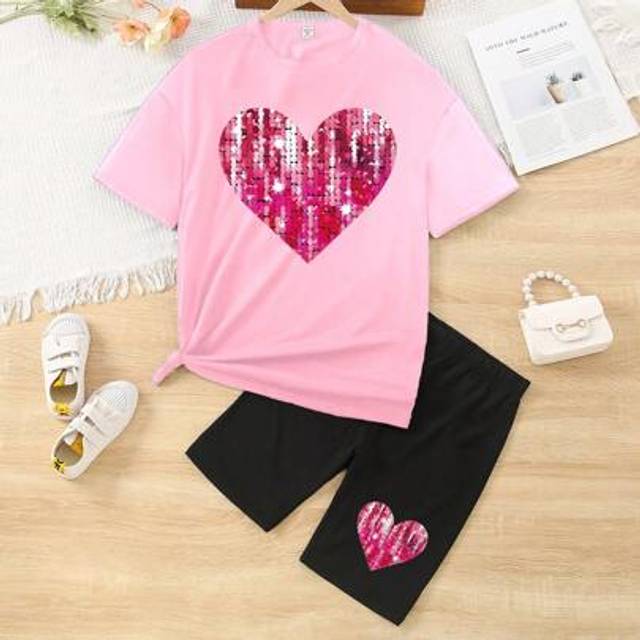 SHEIN Teenage Girls Casual Patch Short Sleeve T-Shirt And Cycling Shorts Set