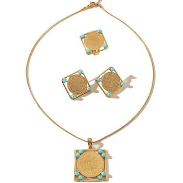 SHEIN 1 Set Vintage Brass Plated Coin Hollow Square Pendant Earrings Ring Necklace Jewelry Set, Suitable For Women Daily Wear & Festival Gift (Gift Box Not