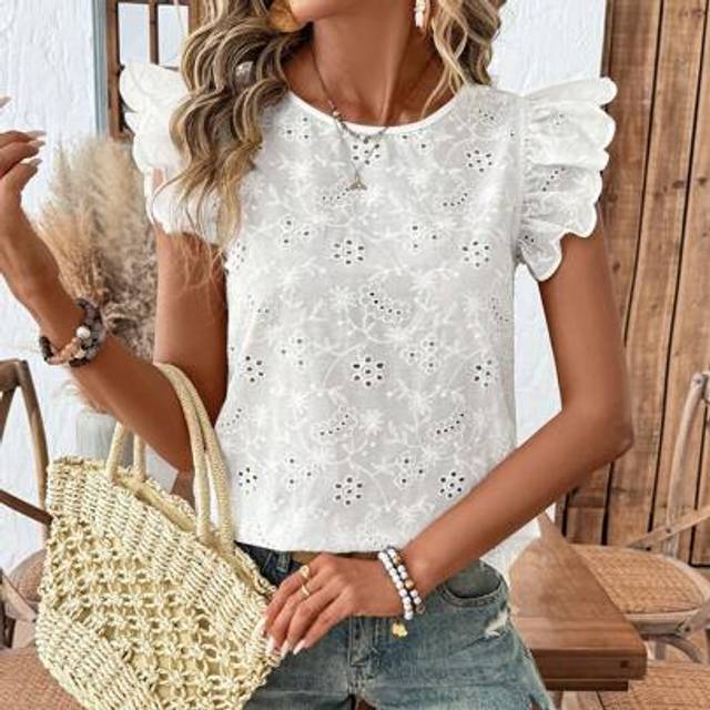 SHEIN Cute Tops For Women Summer White Eyelet Embroidered Blouse With Short Cap Sleeves,Summer Tops