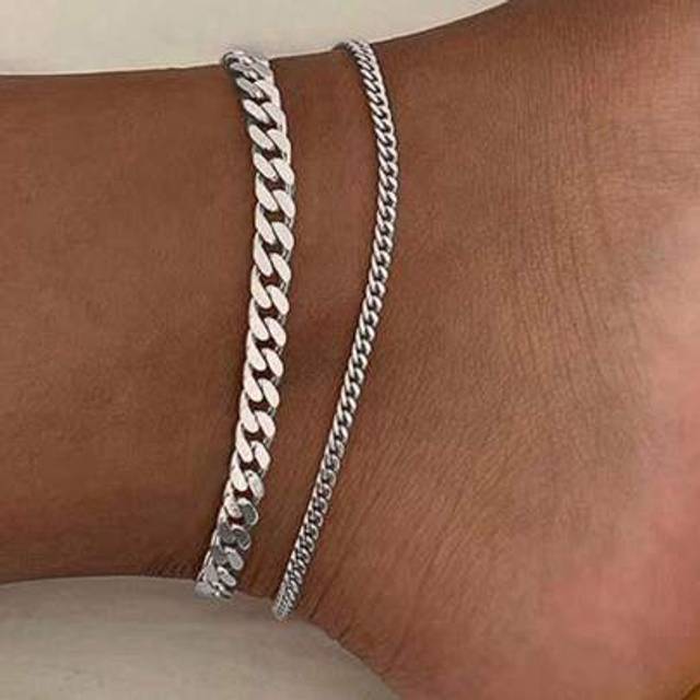 SHEIN 2pcs/Set Stainless Steel Retro Cuban Link Chain Anklets For Women, Beach Jewelry