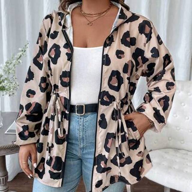 Luneh Women&#39;s Plus Size Long Sleeve Leopard Print Hooded Casual Jacket With Drawstring Waist For Autumn & Winter