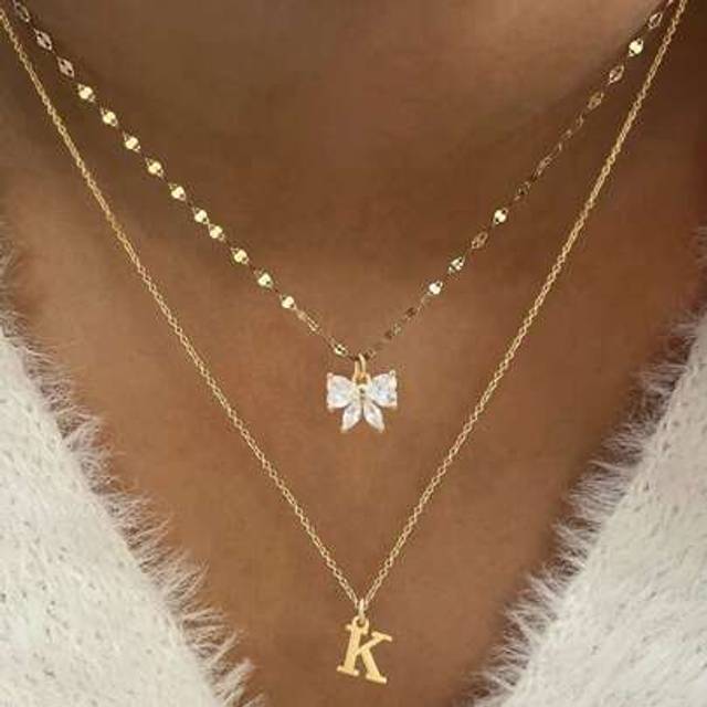 SHEIN 2Pcs/Set Classic Gold Color Initial Bow Pendants Lip Chain Choker Stainless Steel Layered Chain Necklaces For Women