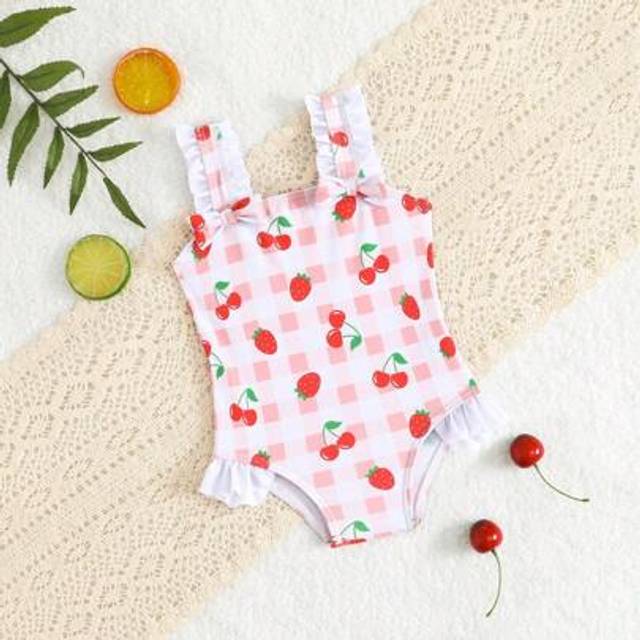 SHEIN Newborn One-Piece Swimsuit With Strawberry Plaid Print, Ruffle Trim & Bow Design, Cute