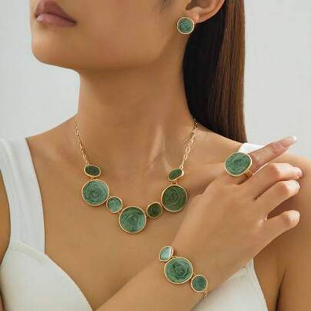 SHEIN 1 Set Women Tropical Style Green Oil Dripping Geometric Pendant Necklace, 1 Bracelet, 1 Ring, 1 Pair Earrings