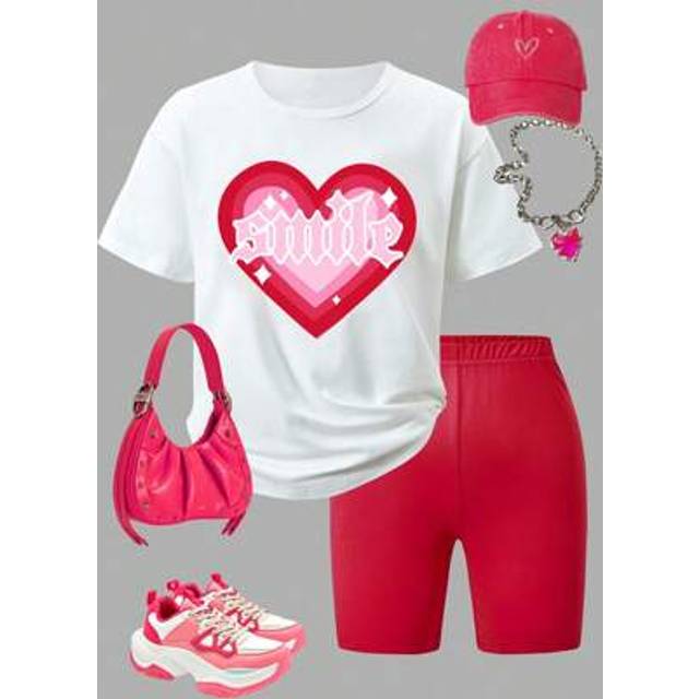 SHEIN 2pcs/Set Tween Girls Cozy Minimalist Heart Print Short Sleeve T-Shirt And Skinny Shorts Outfit, Suitable For Outdoor And Sports Outfit For Girl Outfit