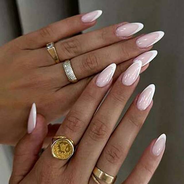 SHEIN 24pcs Medium Almond Press On Nails French Gradient False Nail Set Patchwork Color Art Design Elegant Glossy Full-Coverage False Nails, Suitable For Wo