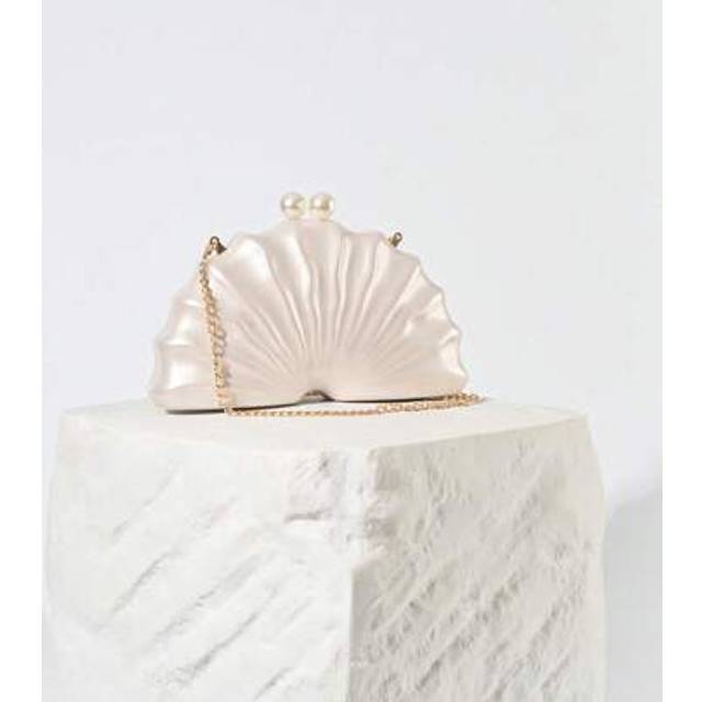 SHEIN Faux Pearl Marble Semicircle Shell Shape Evening Bag, New Gentle French Bride Wedding Party Clutch, Asymmetrical Acrylic Handbag With Chain Shoulder S