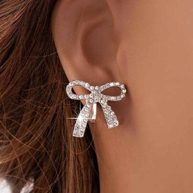 SHEIN 1 Pair Diamond Encrusted Bowknot Design Elegant Simple Chic Clip-On Earrings For Women