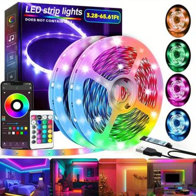 SHEIN RGB LED Smart Light Strip With Mobile App And 24-Key Remote Control, Music Sync Lighting, Suitable For Home, Bedroom, Atmosphere Creation, Party And H