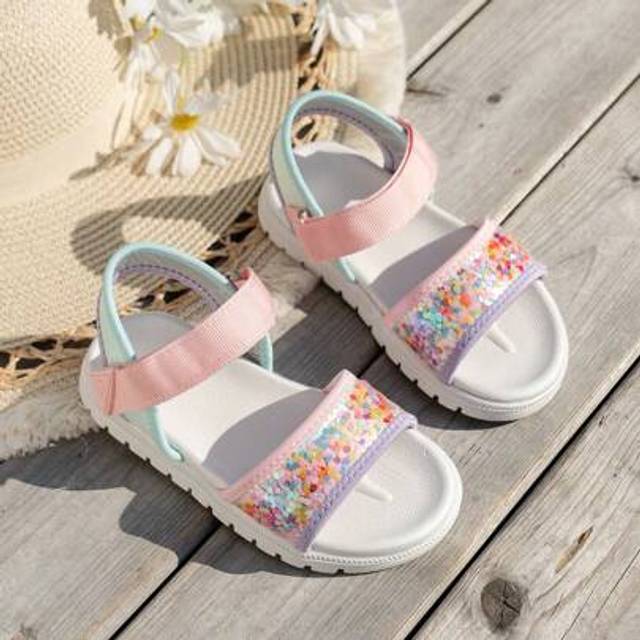 SHEIN 1 Pair Girls&#39; Colorful Heart Sequin Comfortable Flat Sandals, Summer