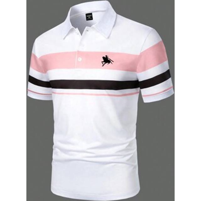 SHEIN Men&#39;s Plus Size Colorblock Stripe Print Short Sleeve Polo Shirt, Going Out