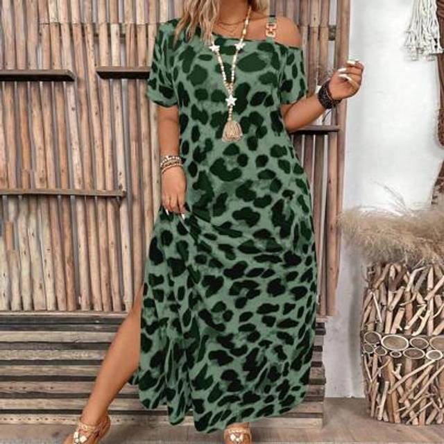 SHEIN Plus Size Leopard Print Asymmetric Neckline With Round Ring Decor Elegant Bodycon Mini Dress Maxi Women Outfit