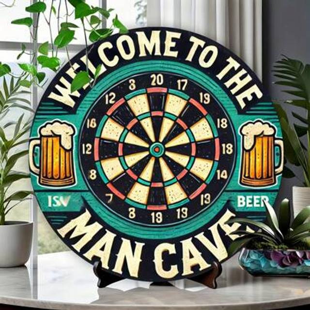 SHEIN Welcome Sign For Man Cave - 8x8 Inch Round Iron Beer And Darts Metal Art, Wall Decor For Home, Office, Bar, Cafe - Ideal Indoor Outdoor Gift Up, Down,