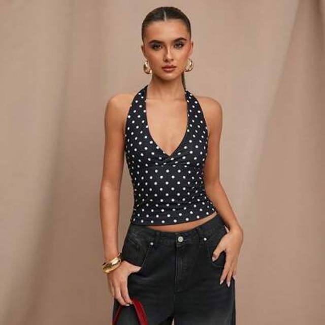 SHEIN Casual Summer Black Polka Dot Printed Halter Neck Top, Suitable For Breakfast, Outings, Dates, Commuting, Cruise Outfits, Ibiza Outfits