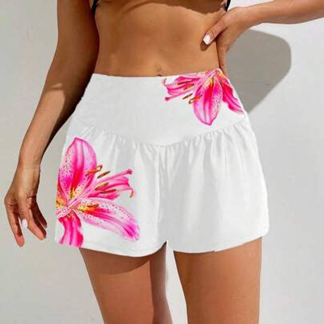 SHEIN Women&#39;s Loose Lily Flower Printed Pocketed Beach Shorts, Summer Holiday