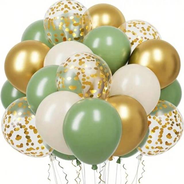 SHEIN 30pcs Green, White And Gold Confetti Latex Balloons - Perfect For Weddings, Birthdays, Anniversaries, Graduations, Etc. - Multi-Purpose Indoor Celebra