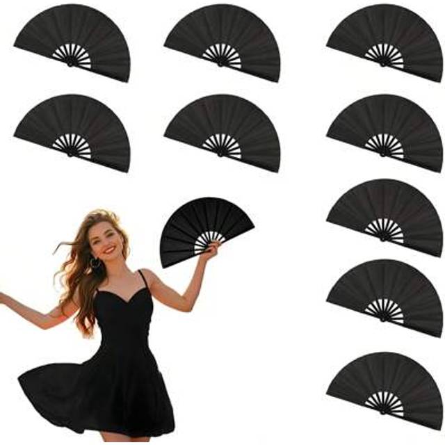 SHEIN 3pcs/2pcs/1pc Large Folding Hand Fan, Premium Fabric Rave Fan, Black Nylon Cloth Clack Handheld Fan, Foldable Craft Hand Fan For Boots On The Ground H