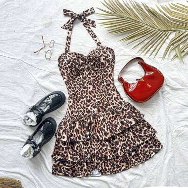 Soleia Women&#39;s Vacation Colorful Vintage Leopard Print Halter Neck Ruched Mini Dress With Bowknot Tiered,Valentine Day,Dress For Women,Birthday Dress For Wom