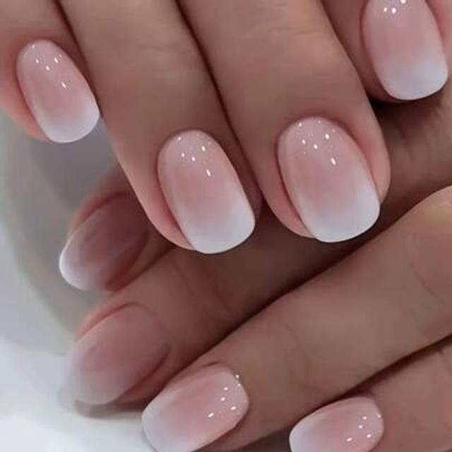 SHEIN 24 Pcs Ombre Press On Nails Short, Square Fake Nails With Nail Glue, Pink White Ombre Glue On Nails False Nails For Women