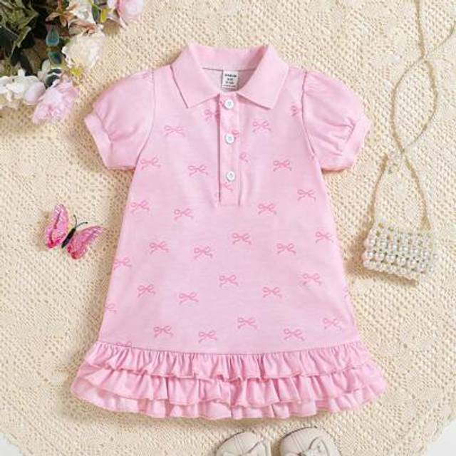 SHEIN Infant/Baby Girls&#39; Casual Butterfly Print Ruffle Trim Polo Collar Dress For Daily, Holiday, Vacation, Suitable For 3M-3Y