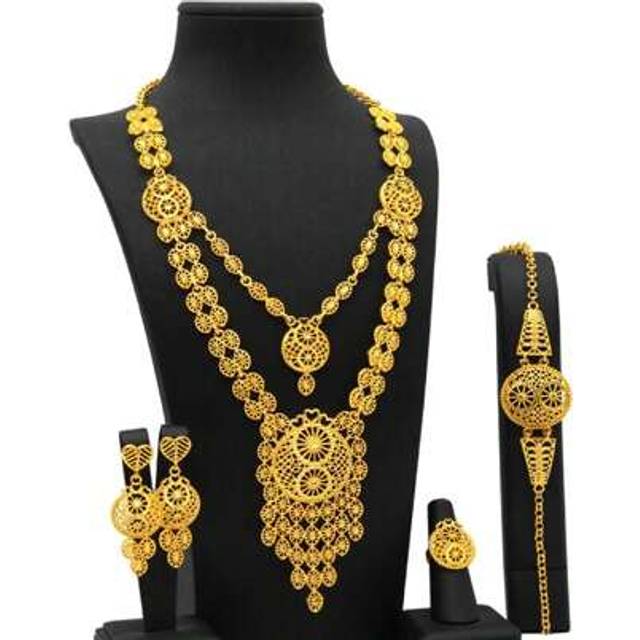SHEIN 4pcs Dubai Copper Alloy Long Necklace Gold-Plated Ladies Tassel Pendant Earrings Ring India Jewelry Set Luxury Nigeria Middle East Fashion Wedding Bri