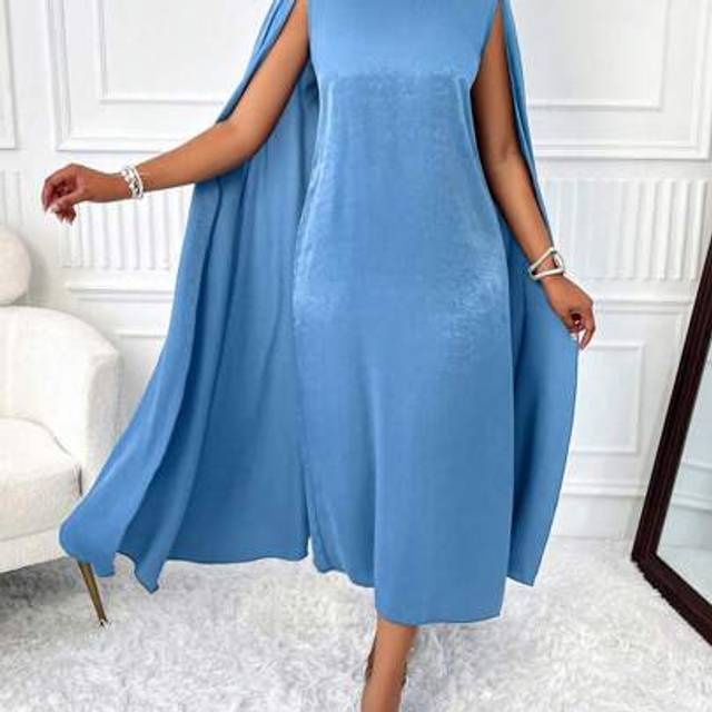 SHEIN Amarilo Women&#39;s Elegant Cape Design Sleeveless High Neck Satin Loose Midi Dresses Party Dinner Formal Wear Ladies Dress