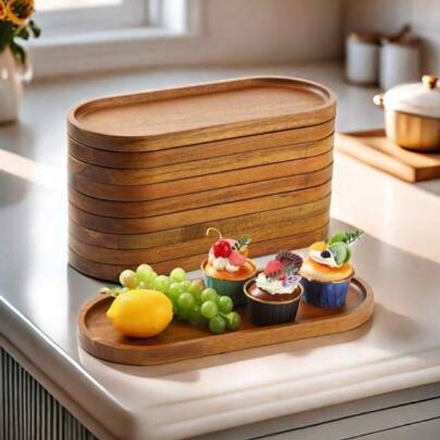 SHEIN 1pc Acacia Wood Tray, Oval Wooden Serving Tray For Fruit, Dessert, Cake, Cheese, Coffee, Tea, Bread, Breakfast,Kitchen,Christmas Gift