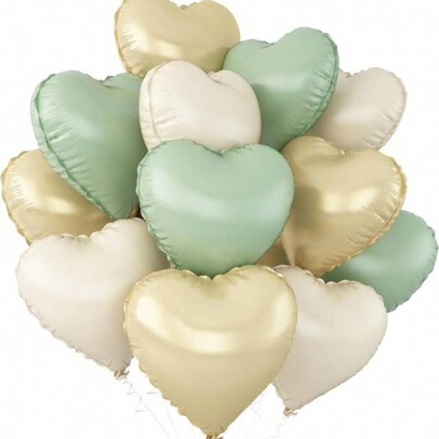 SHEIN 12Pcs Sage Green Gold Heart Balloons,12Pcs Light Gold Heart Shaped Foil Balloons,18Inch Cream White Helium Mylar Balloon For Baby Shower Birthday Anni