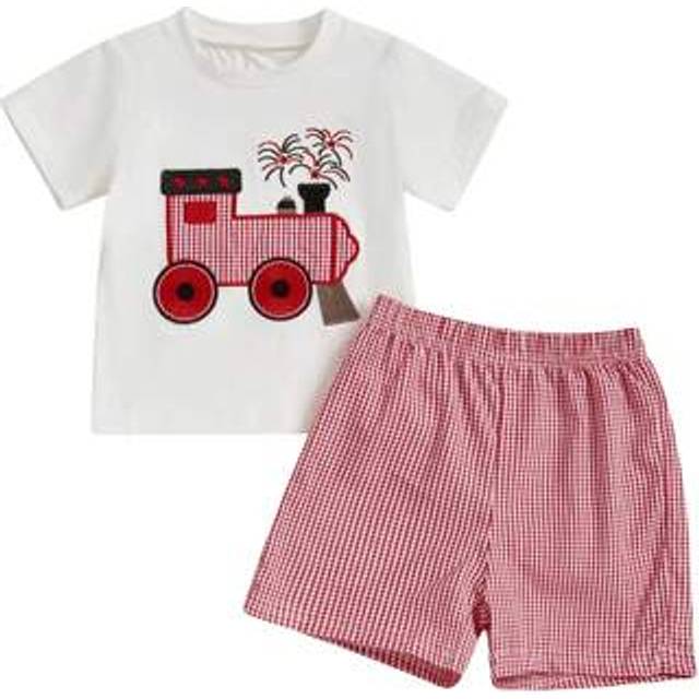 SHEIN Baby Boys Shorts Set Short Sleeve Embroidery Train T-Shirt With Plaid Shorts Summer Outfit For 4th Of July
