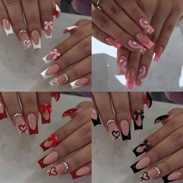 SHEIN 96pcs(4mixed )Long Coffin Heart Nails 3d Bow With Rhinestone Design French Tip Press On Nails Medium Fit Perfectly Acrylic False Nails Set,Contain 1pc