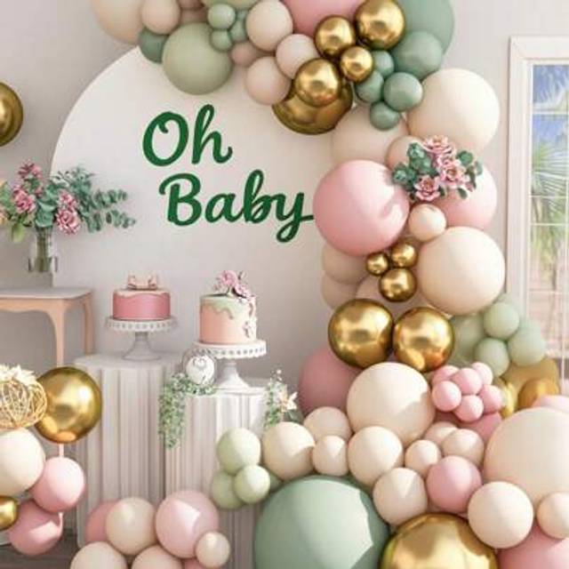 SHEIN Sage Green And Pink Balloon Arch Kit, 66/111Pcs Blush Pastel Pink And Green BabyShower Garland With White Sand Metalic Gold Balloons For Boho Woodland