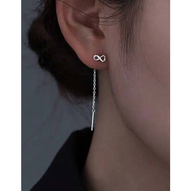 SHEIN 1 Pair Elegant 925 Sterling Silver Dangling Earrings & Unique Mini Infinity Symbol Earrings & Cubic Zirconia - Long Tassel Design For Daily, Party, Ch