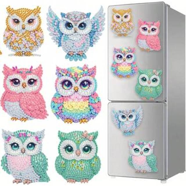 SHEIN 6pcs Diamond Art Refrigerator Magnets, Colorful Owl Diamond Painting Decor DIY Diamond Painting Magnet Set For DIY Crafts Gifts Fridge/Mailbox Decorat