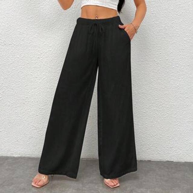 SHEIN Women&#39;s Black Woven Wide-Legged Pants With Waist Tie, Casual