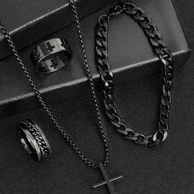 SHEIN 4pcs Set Men&#39;s Stainless Steel Metal Cross Pendant Chain Necklace Bracelet Ring Jewelry Set Male Hip Hop Daily Wear Accessories