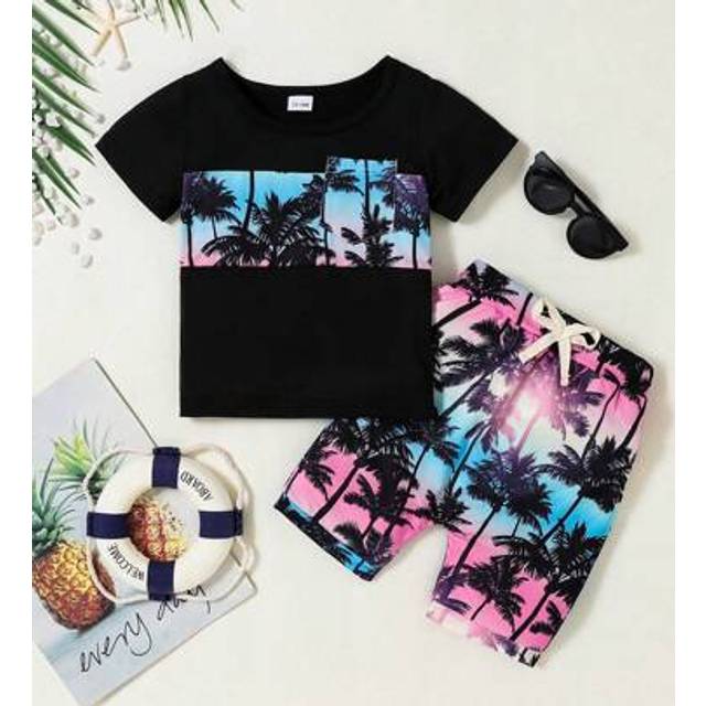 SHEIN Baby Boy Clothing Summer Holiday Style Clothing Short Sleeve Top T-Shirt And Pocket Pants Set 6 Months - 3 Years Old