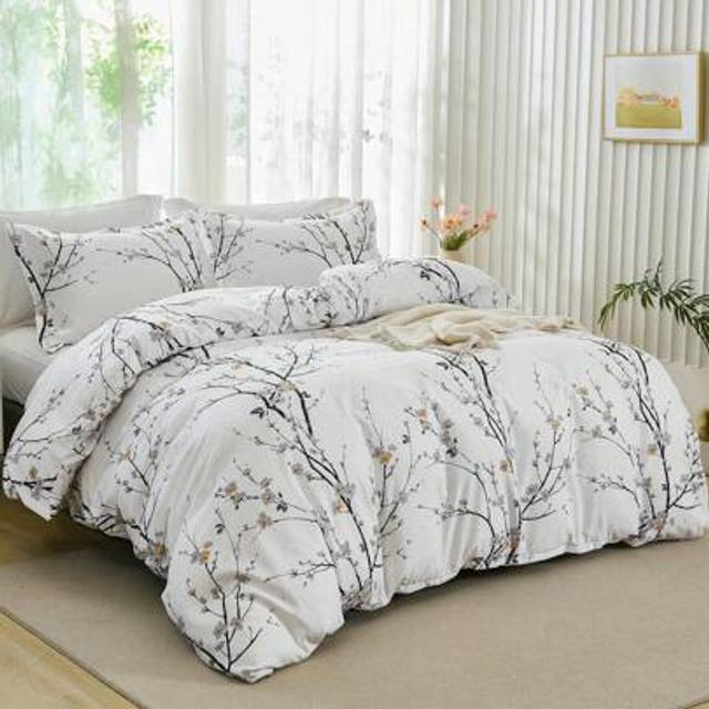 SHEIN Floral White Bedding Set 3 Pieces Tree Branch And Plum Flower Printed Duvet Cover Set With 2 Pillowcases Botanical Soft Microfiber Duvet Cover Set For