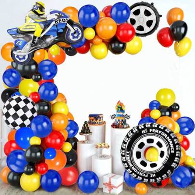 SHEIN 106pcs Motorcycle Themed Balloon Arch Garland Kit, Large Motorcycle Tire Shaped 18-Inch Black And White Checkered Balloons Suitable For Birthday Motor