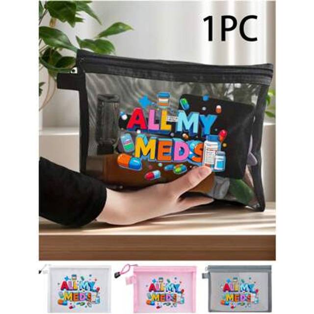 SHEIN Mesh Cosmetic Bag With &#34;All My Meds&#34; Cartoon Patterns Of Pills, And Medicine Bottles Cartoon Pattern, Red Air Cushion Storage Portable Storage Bag, Ma
