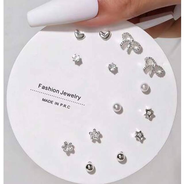 SHEIN 7 Pairs New Arrival Heart-Shaped Pink Crystal Rhinestone Rose Gold Stud Earrings Set