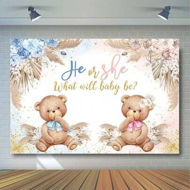 SHEIN 7x5 Feet-Bohemian Bear Gender Reveal Background - His Or Hers Party Decorations, Pink Or Blue Dandelion Photography Background, Bohemian Bear Photo De