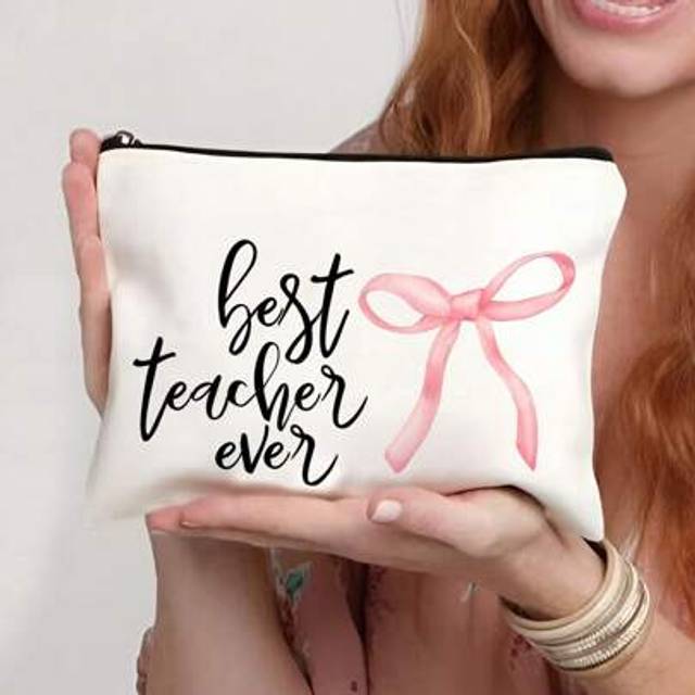 SHEIN 1pc Teacher Gifts, To Best Teacher Ever Letter Print Makeup Bag, Gift Bag Zipper Bag For Travel, Lightweight Storage Bag, Coin Purse, Zipper Clutch Po