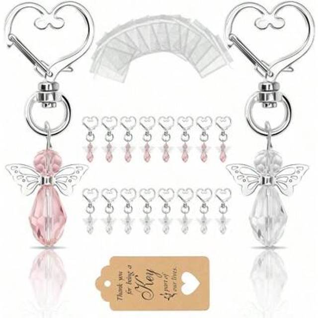 SHEIN 20pcs Angel Key Chain, Angel Wings Pendant Keychains With Thank You Tags And Drawstring Organza Bags, Wedding Party Favors Christening Baptism Gift