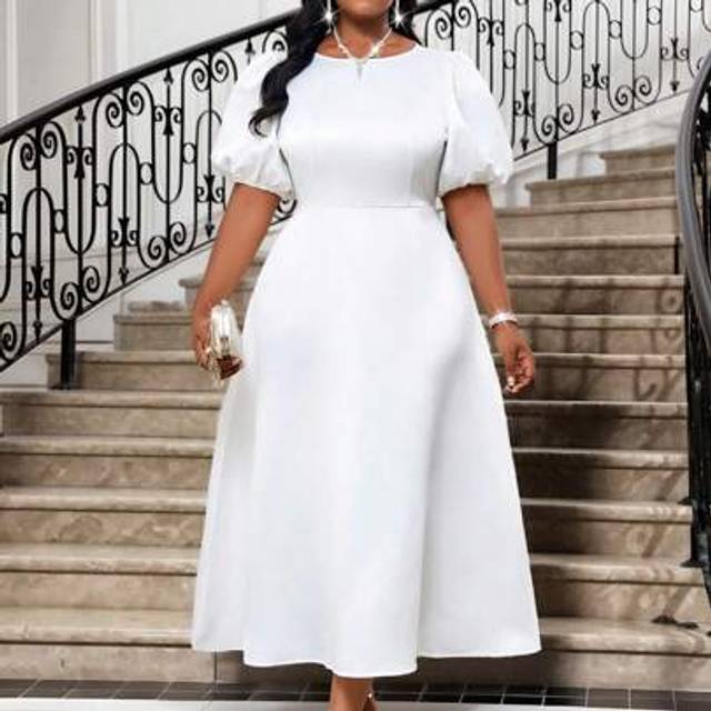 SHEIN Spring And Summer Elegant Plus Size Long Sleeve A Line Dress Bishop Sleeve White Wedding Valentine&#39;s Day Cocktail Party Plus Size Dresses Costume Prom