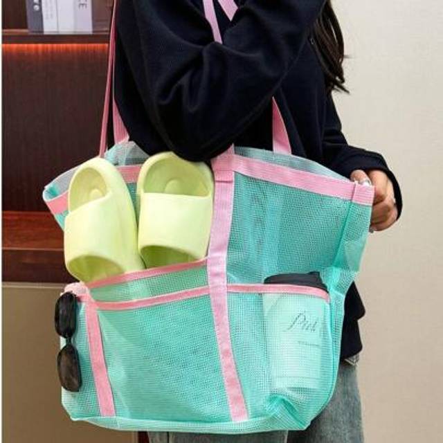 SHEIN 1pc Quilted Open Top Closure Mesh Solid Beach Bag, Large Capacity Beach Travel Vacation Storage Bag, Foldable Portable Gym Swimwear Toiletry Storage B