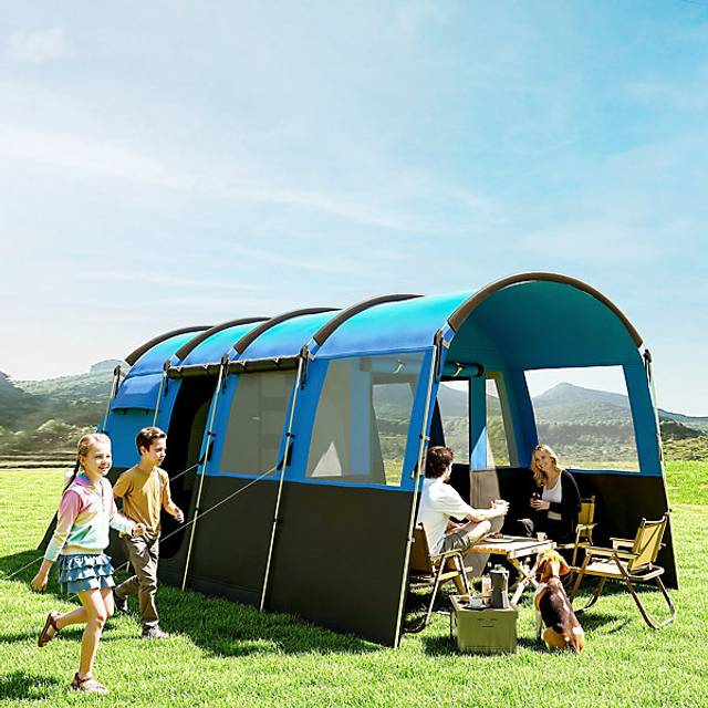 Outsunny 8-Person Camping Tent Tunnel Design with 4 Large Windows Blue