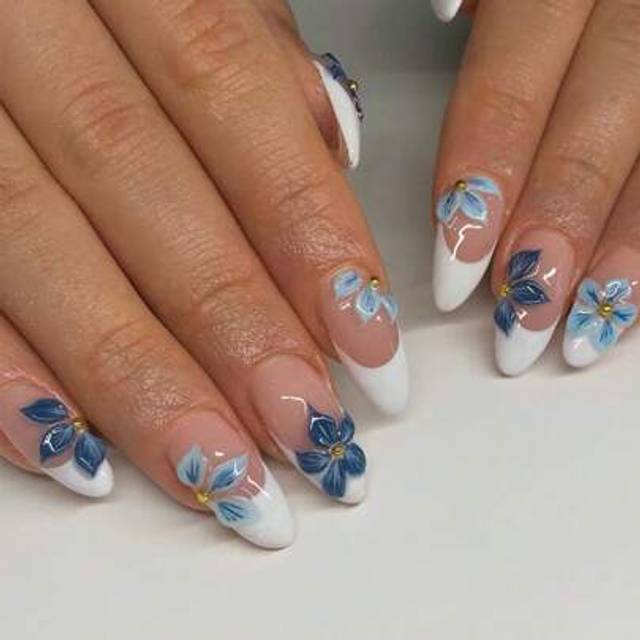 SHEIN 24Pcs Long Almond 3d Gelnails Makes Flower Nails Design French Tip Press On Nails Medium Three-Dimensional Alloy Cross Decoration With Pearl Design Fi